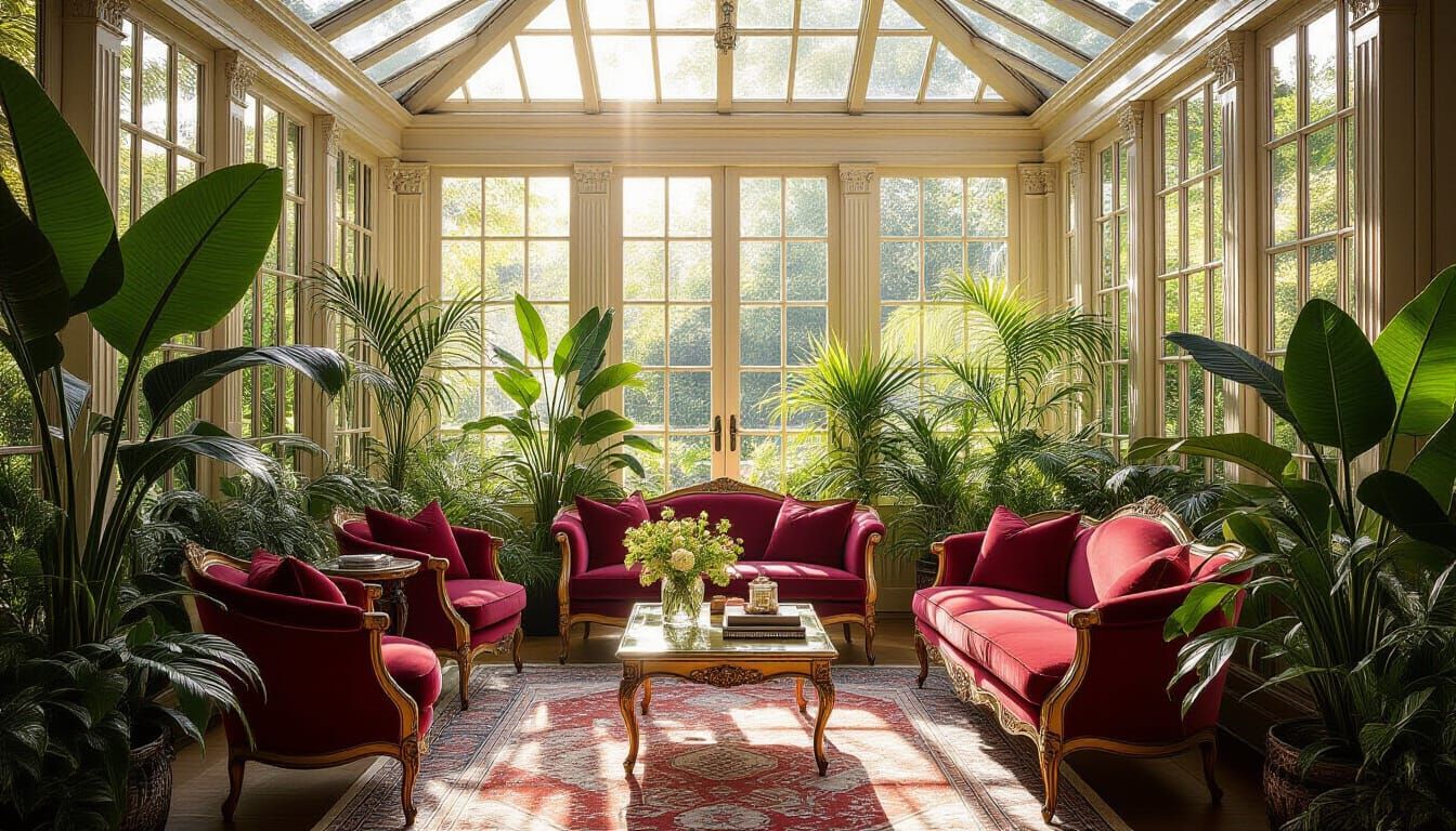 Sun-Drenched Conservatory with Exotic Plants and Velvet Seat...