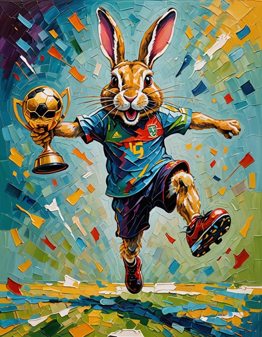 Soccer Bunny Kicks Ball in Neo-Impressionist Painting