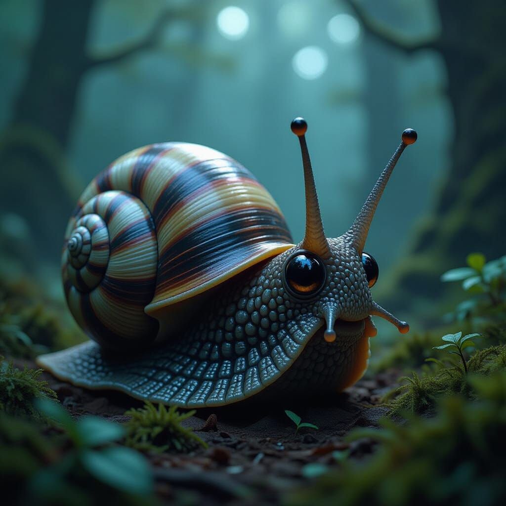 Gothic Snail Creature in Mystical Forest, Hyperrealistic