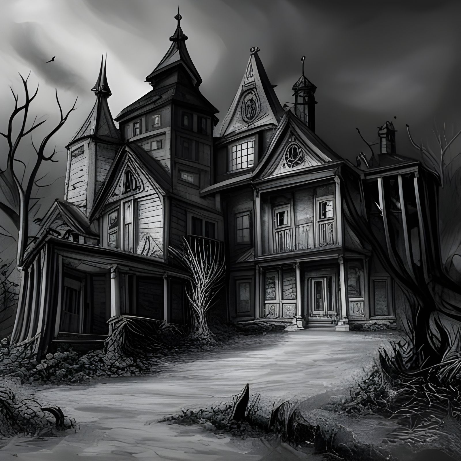 Sinister Forest Manor in Charcoal Drawing Style