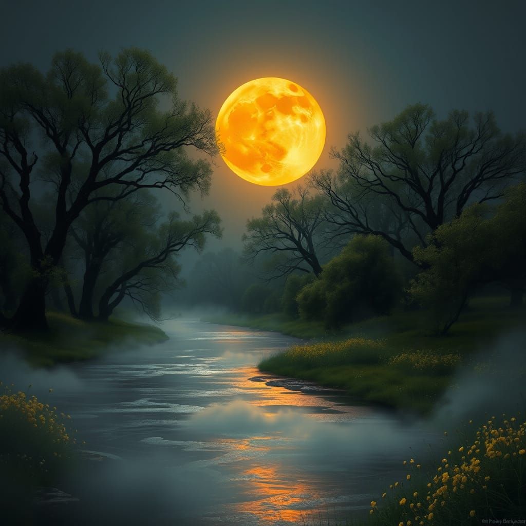 Orange Moonlit Spring Scene with Oak Trees