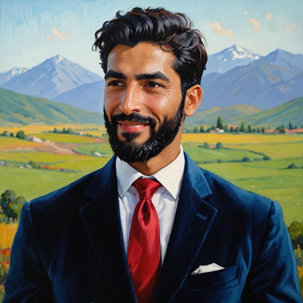 Joyful Man in Blue Velvet Suit as Impasto Painting