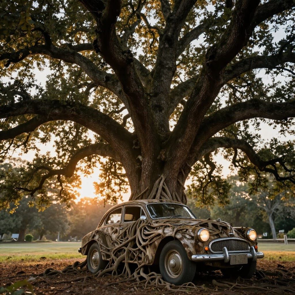 Ancient Oak Tree Fuses With Vintage Car in Magical Scene