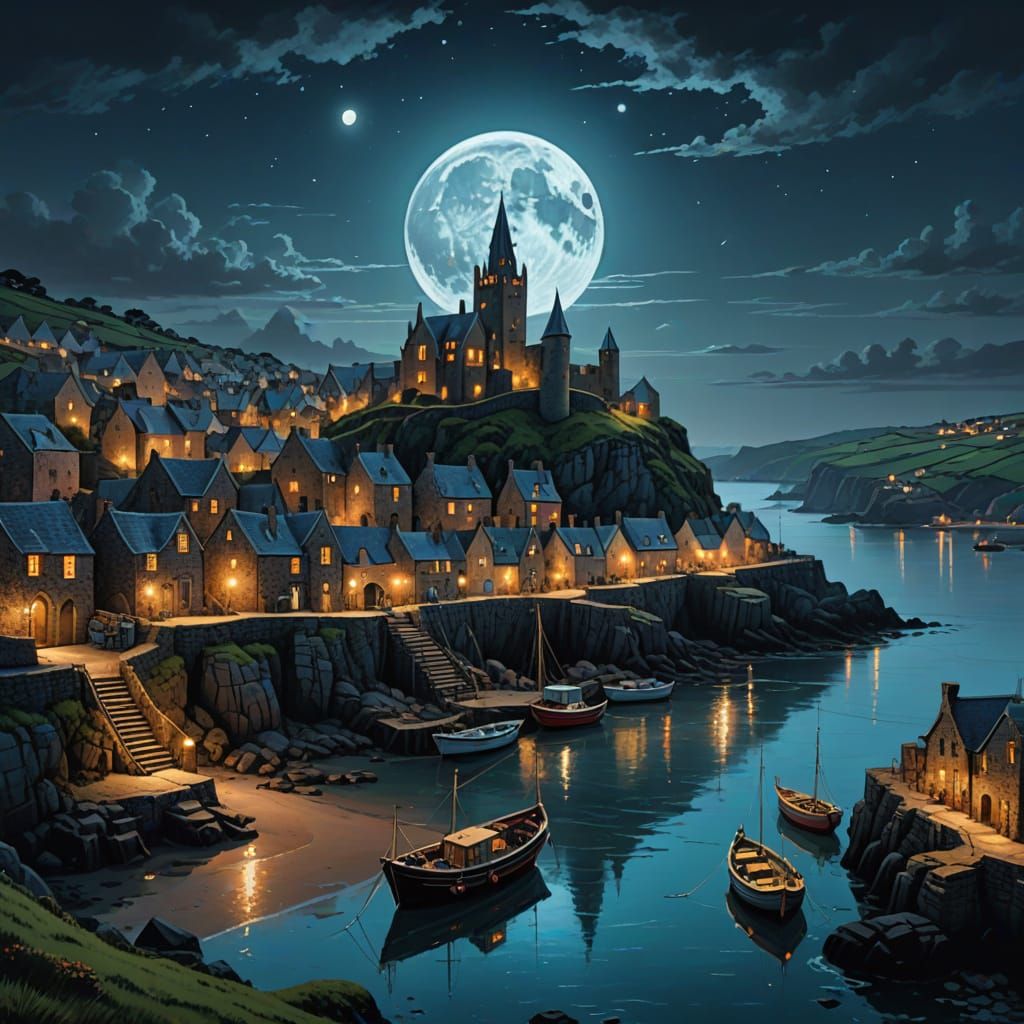 Moonlit Cornish Village with Futuristic Boats