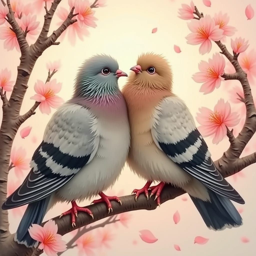 Whimsical Pigeons Perch in Cherry Blossom Tree