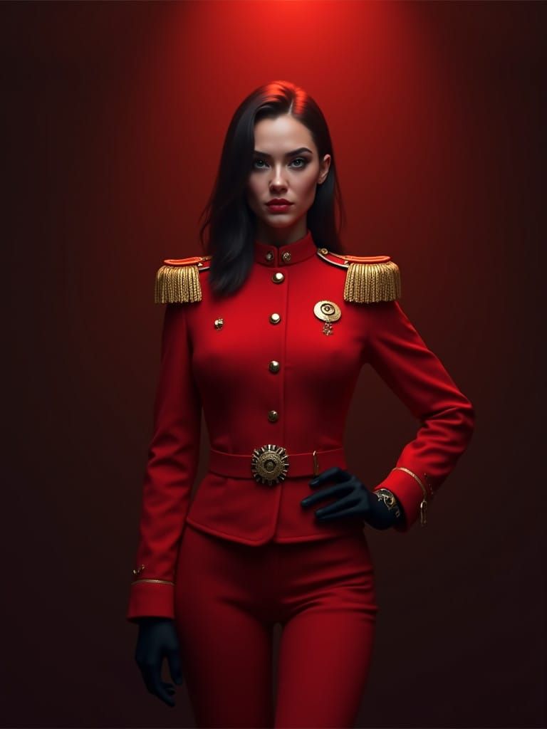 Svelte Femme Fatale Commands with Authority in Scarlet Unifo...