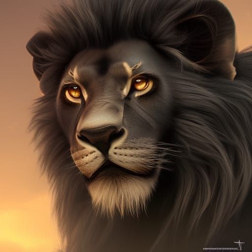 Detailed Black Lion with White Mane Fantasy Art