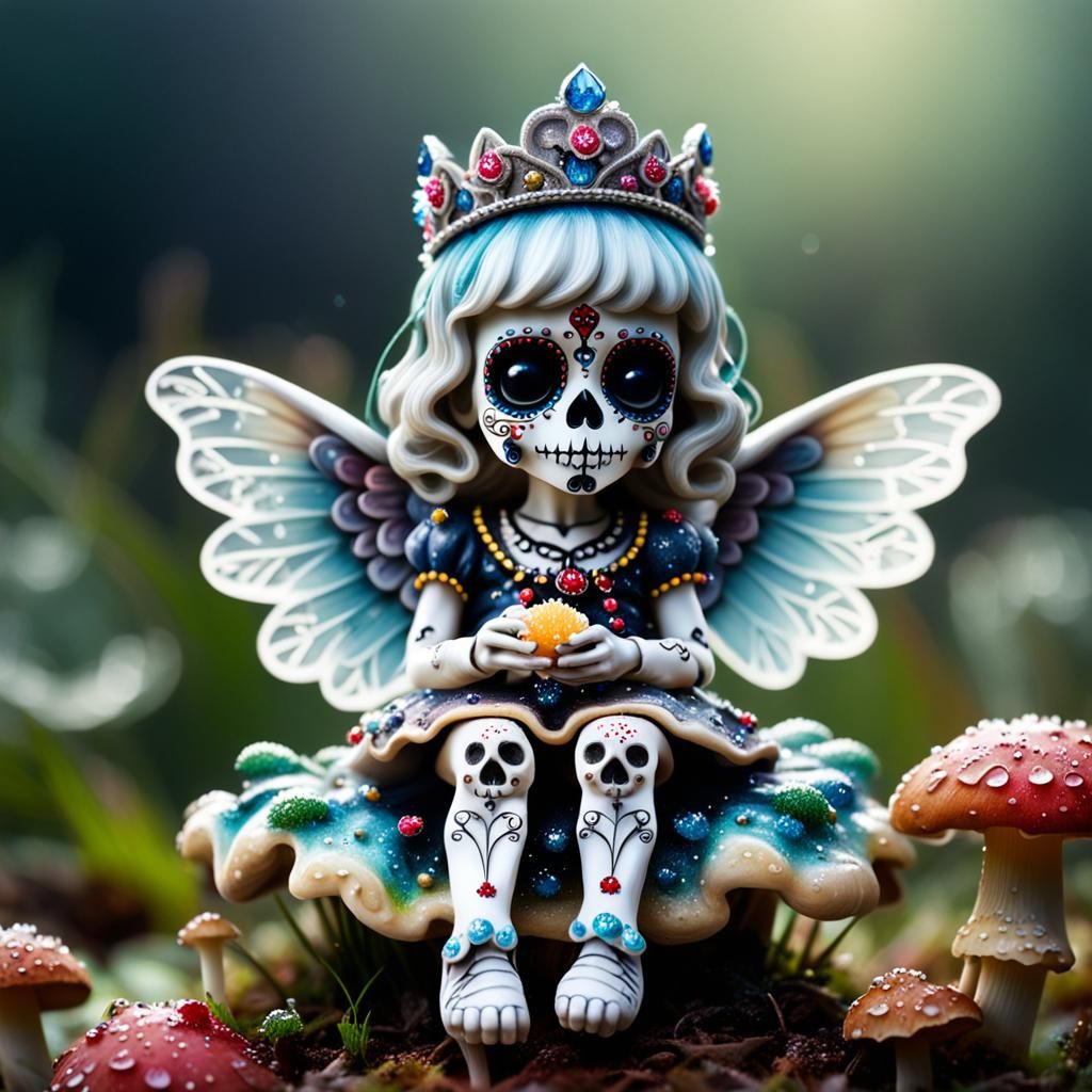 Sugar Skull Princess Angel on Mushroom, Macro Photography