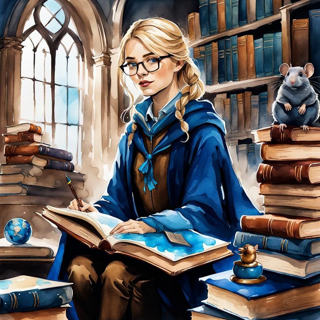 Ravenclaw Student with Books in Watercolor Style
