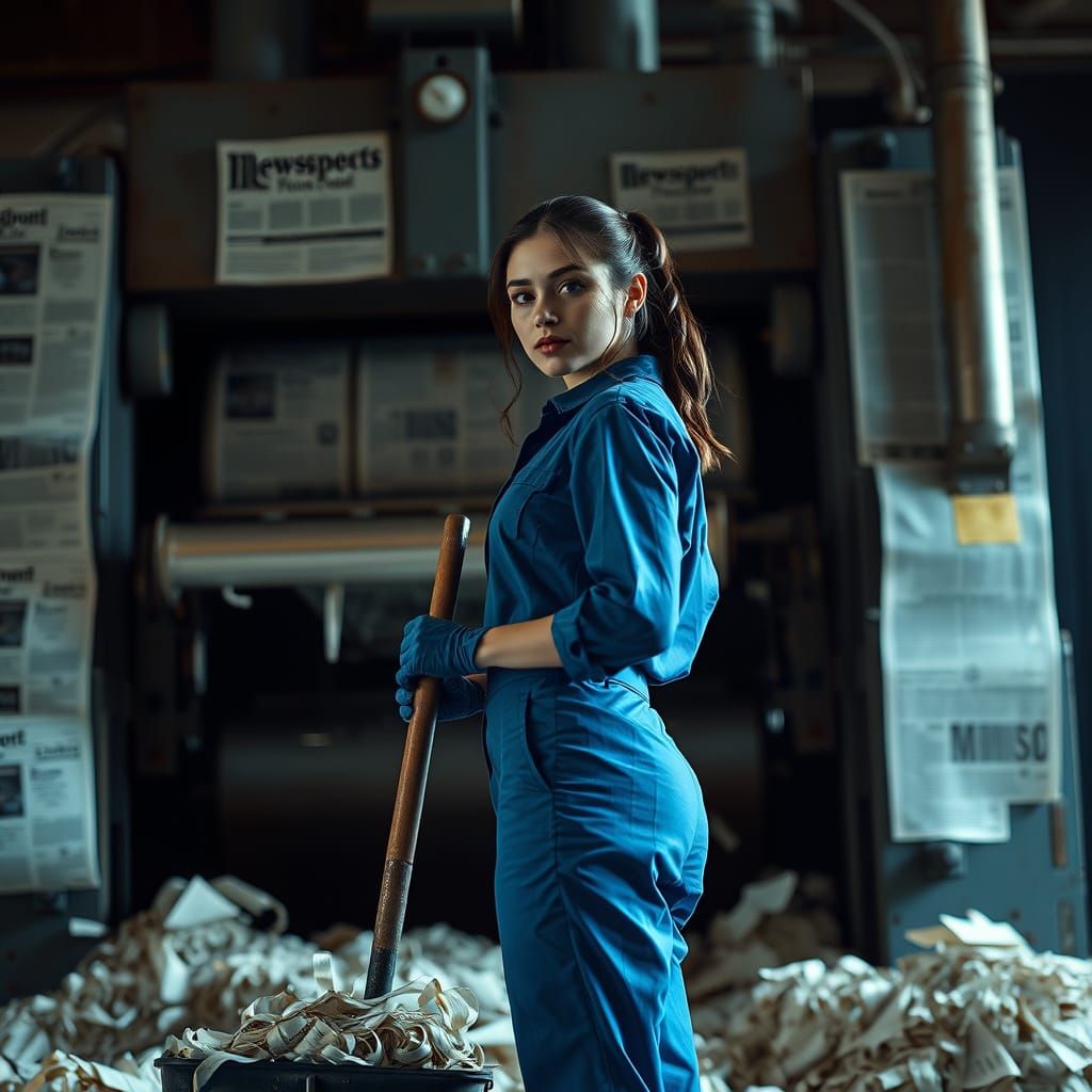 Woman at Industrial Press in Hyperrealistic Cinematic Style