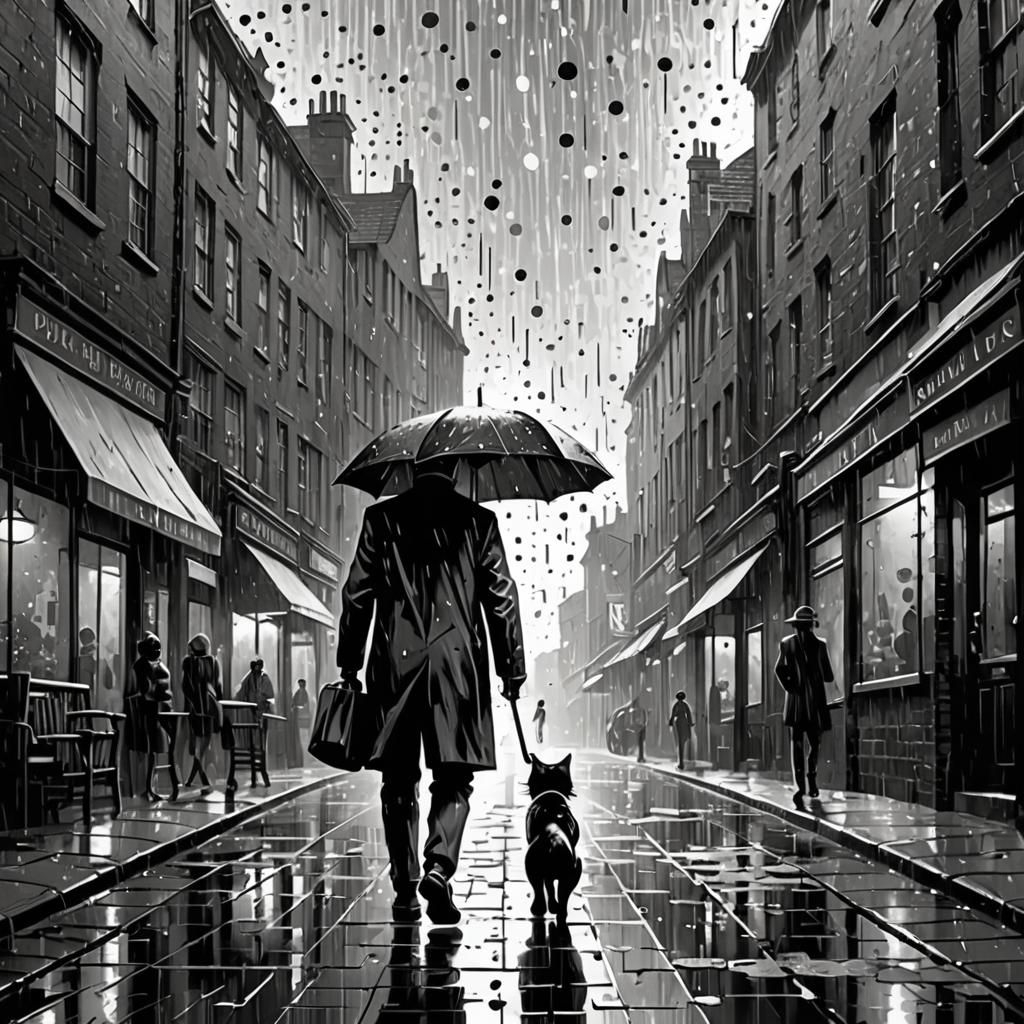 Man with Umbrella: Black and White Comic Art