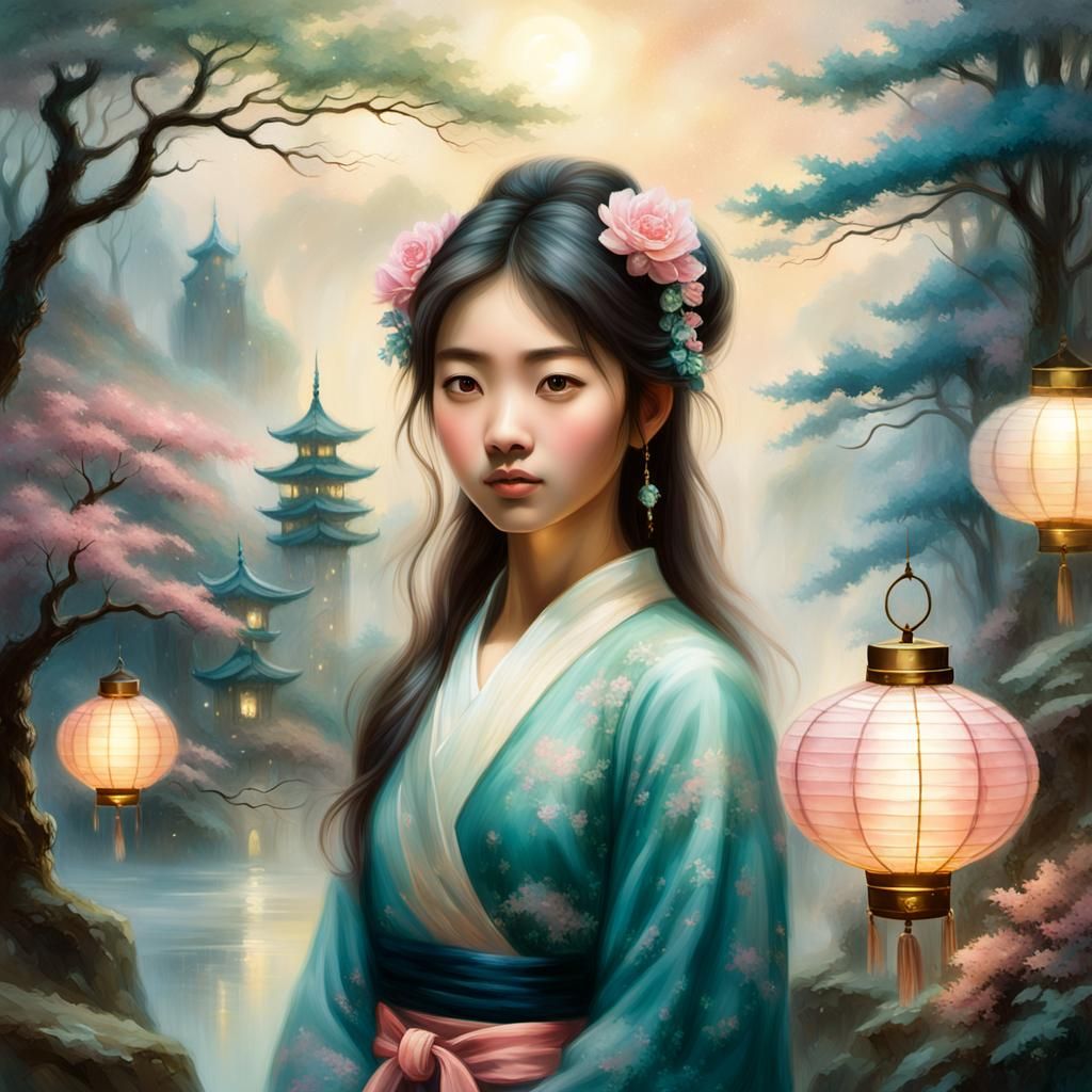 Ethereal Asian Woman Portrait in Misty Forest