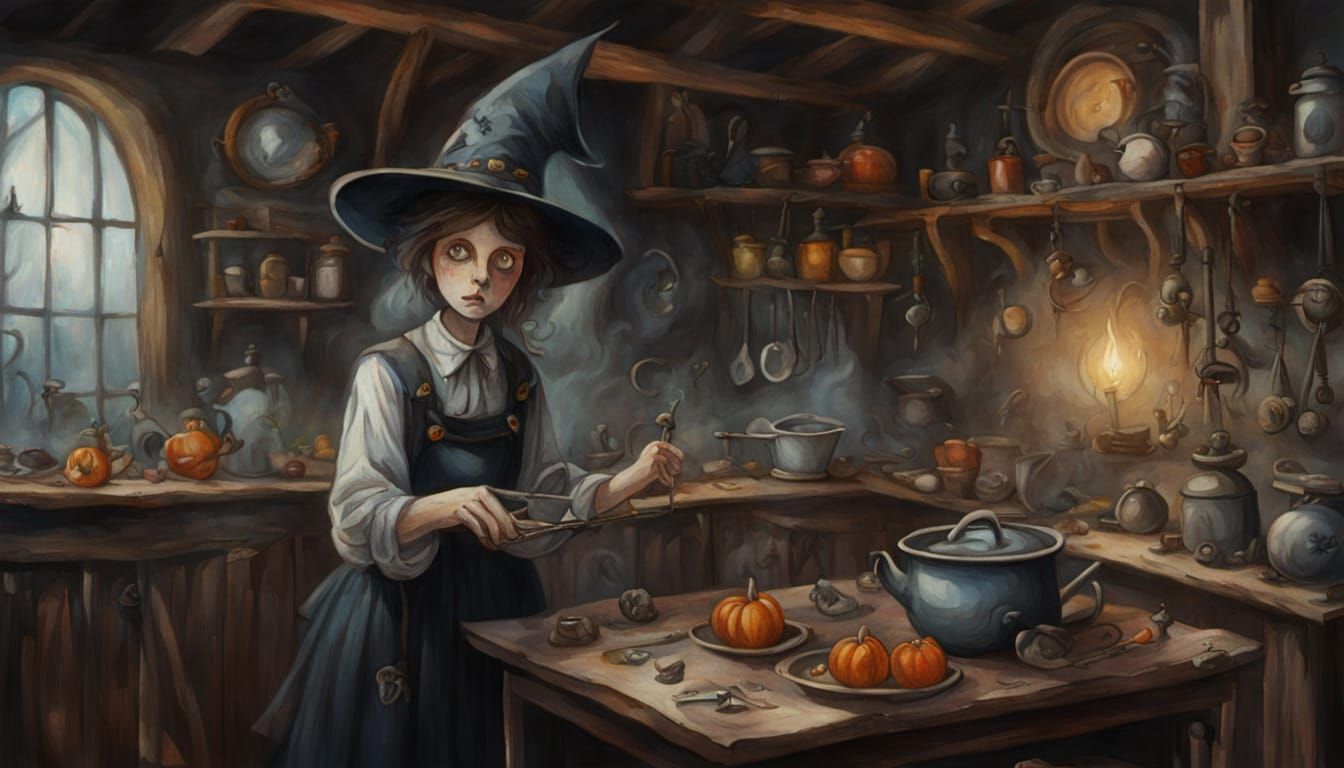 Witch Cleans Kitchen with Magic, Oil Painting in Tim Burton ...