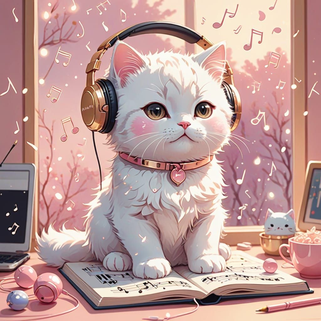 Whimsical Kitten Enjoys Music in a Dreamy Bedroom