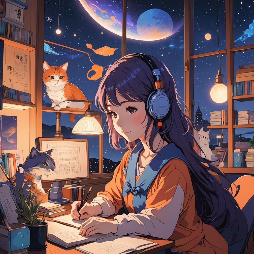 Lofi Girl Studying with Comet in Manga Style