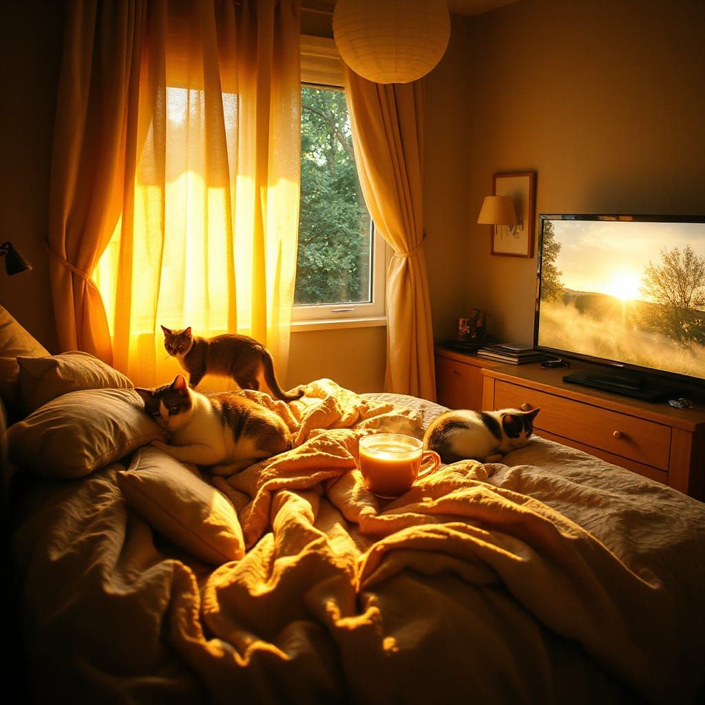 Cozy Bedroom Sanctuary with Cats & Golden Light