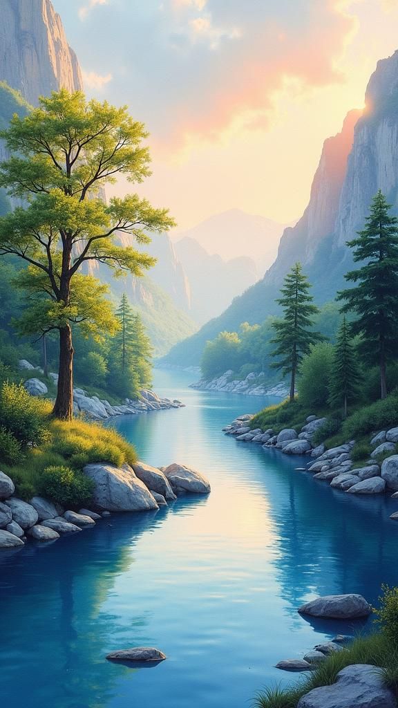 Watercolor Landscape Painting on Flowing Silk