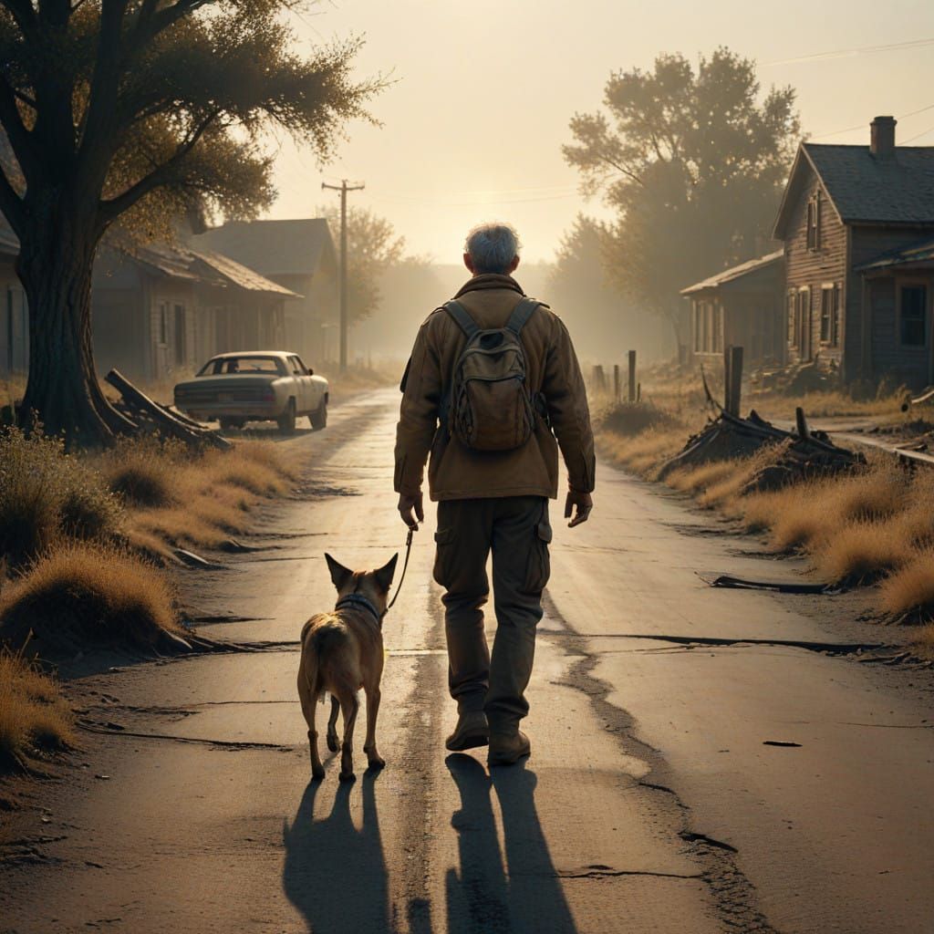 Man and Dog Seek Hope in Desolate Landscape