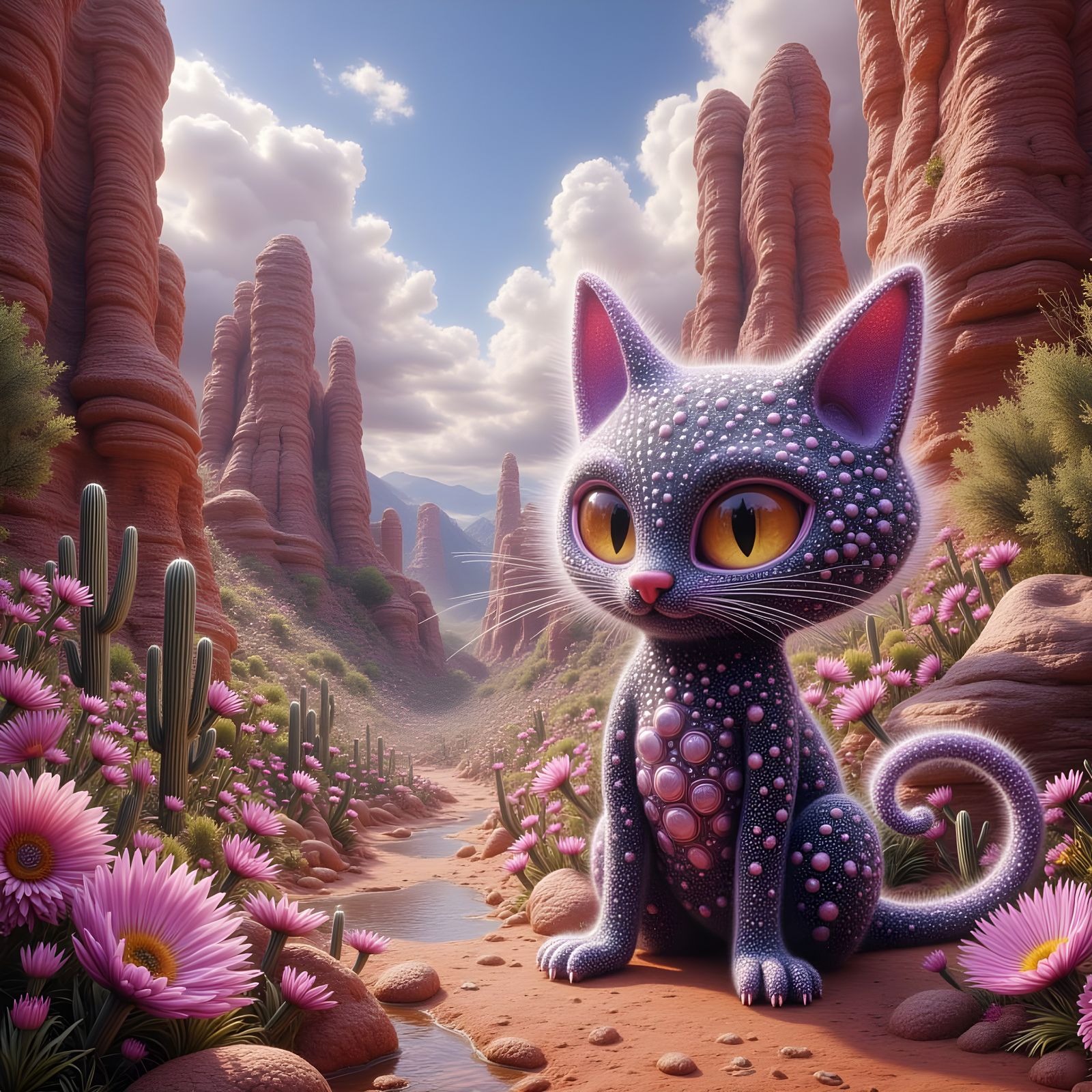 Surreal Desert Scene with Spotted Cats and Lizards