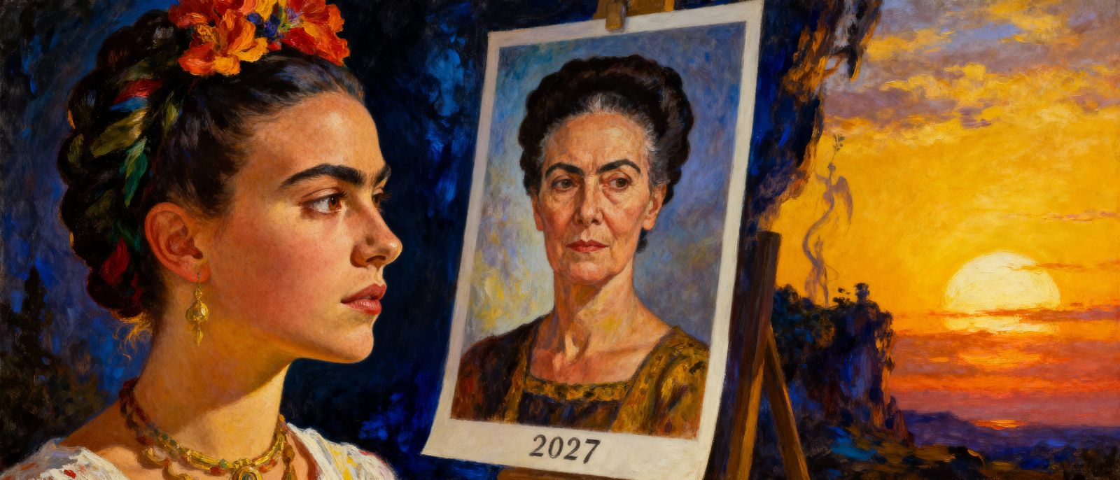 Magical Realism Oil Painting: Woman Contrasts Youthful and M...