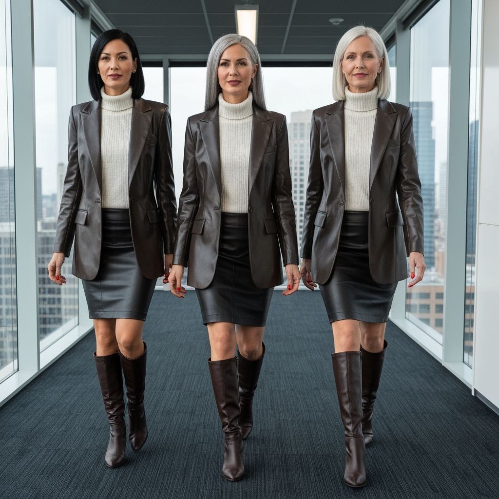 Businesswomen in Leather Blazers Walking Down Hallway