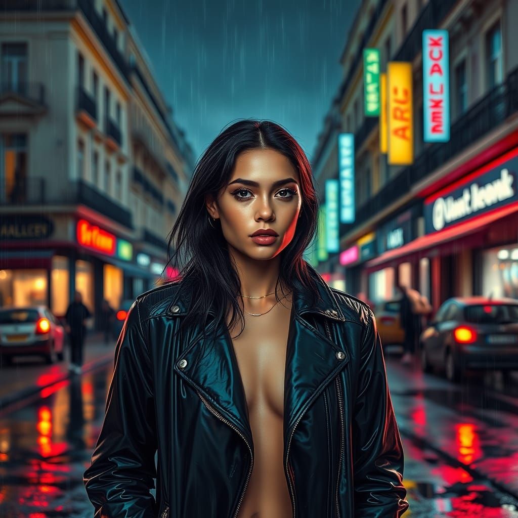Parisian Nightscape: Woman in Rain, Futuristic Realism