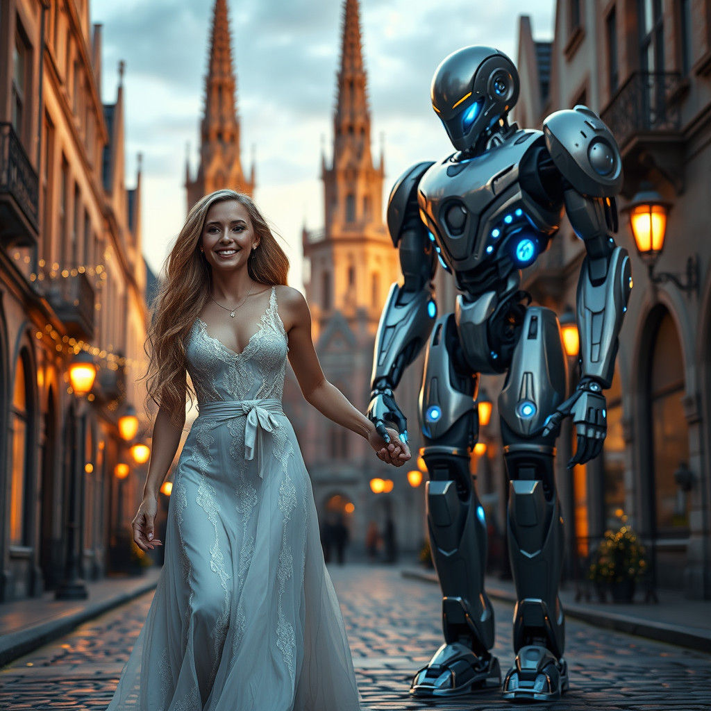 Woman and Robot Stroll Through Gothic Cityscape