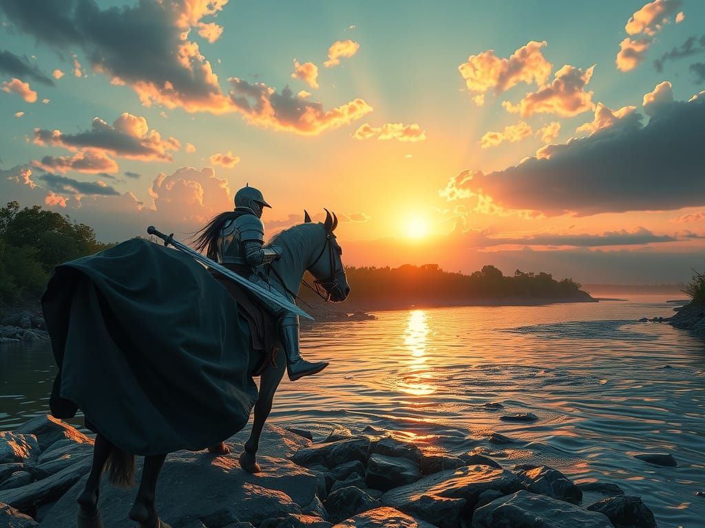 Chivalrous Knight at Sunset on Serene River