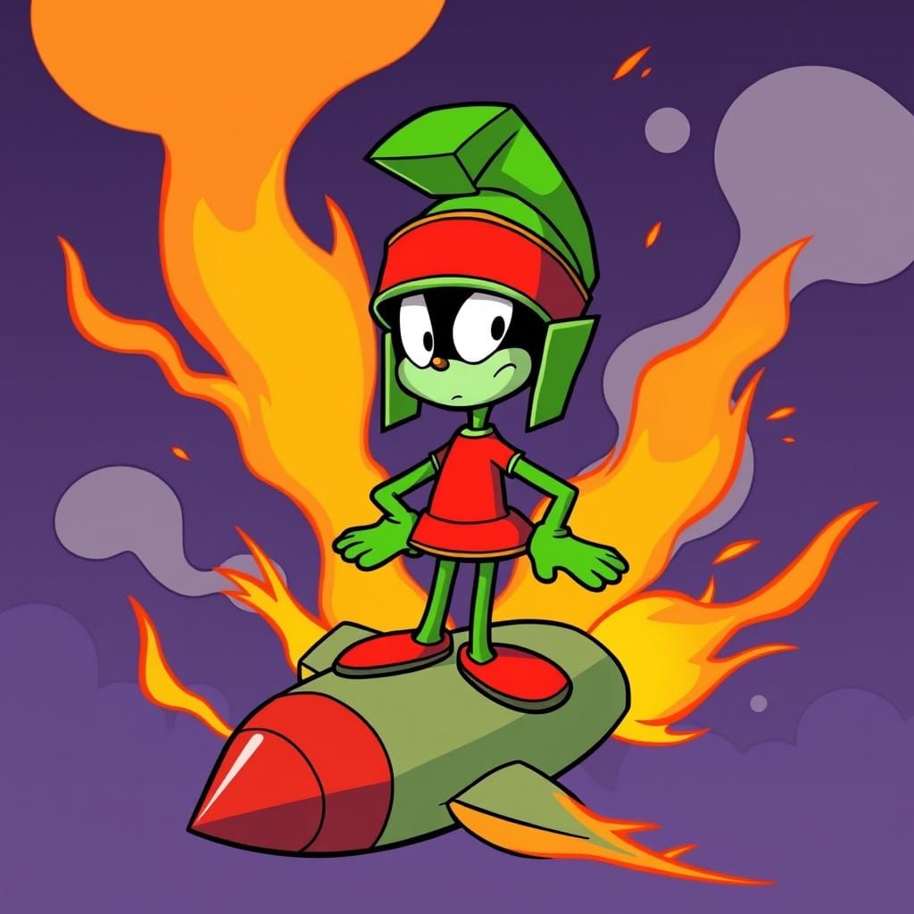 Marvin the Martian on Rocket in Cartoon Style