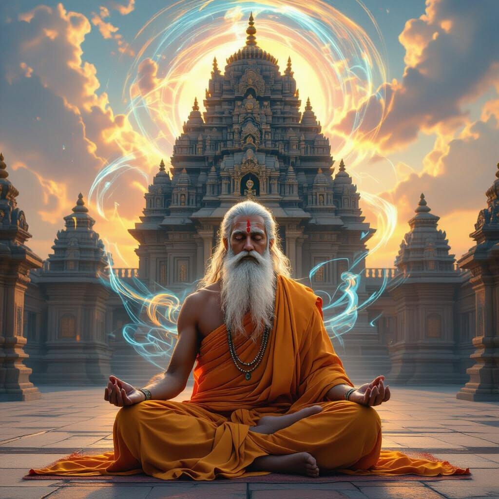 Ancient Yogi Meditating Before Temple Amidst Cosmic Energy