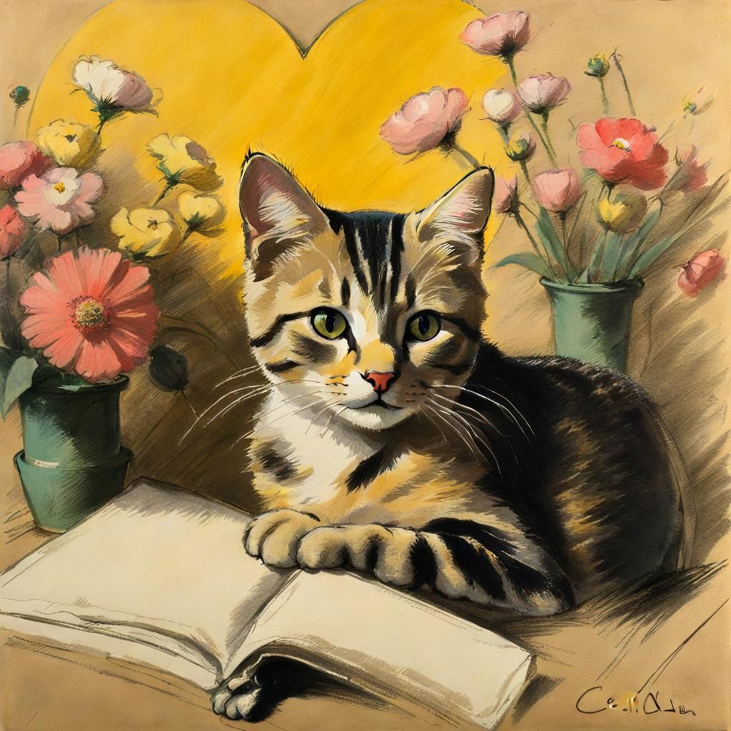 Cute Cat Sketch with Flowers in Chalk Pastel