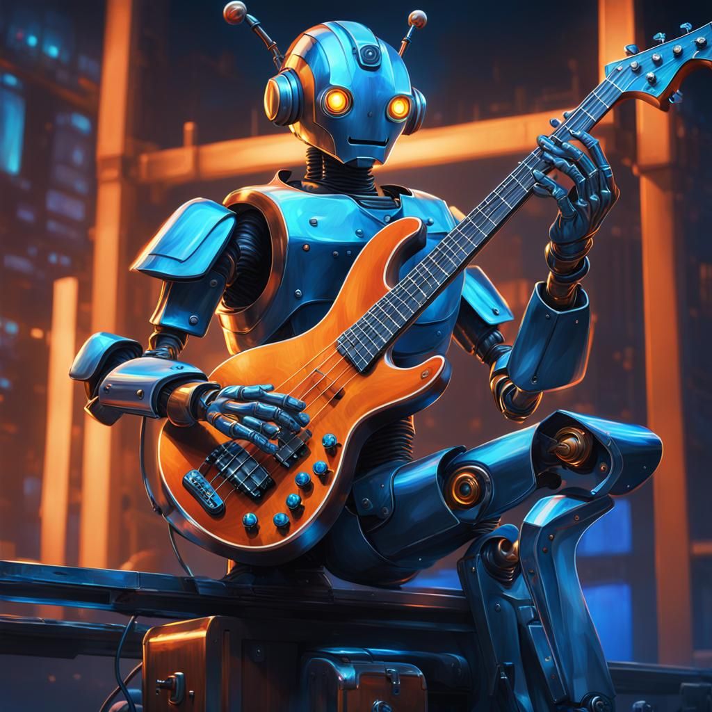Robot Musician Plays Bass in Oil Painting Style