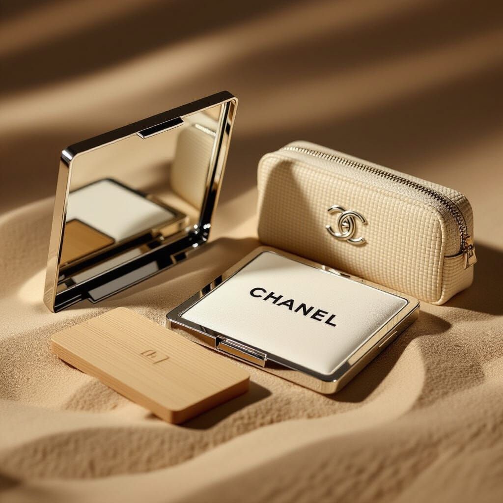 Chanel Mirror and Makeup Bag on Wooden Slates