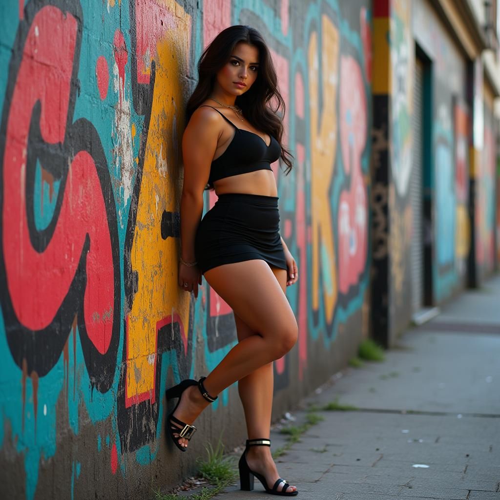 Brunette in Miniskirt Posing Against Graffiti Wall