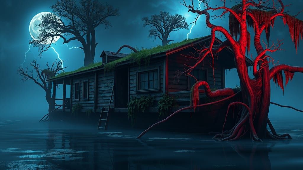 Mystical Bayou Houseboat in Moonlit, Stormy Twilight
