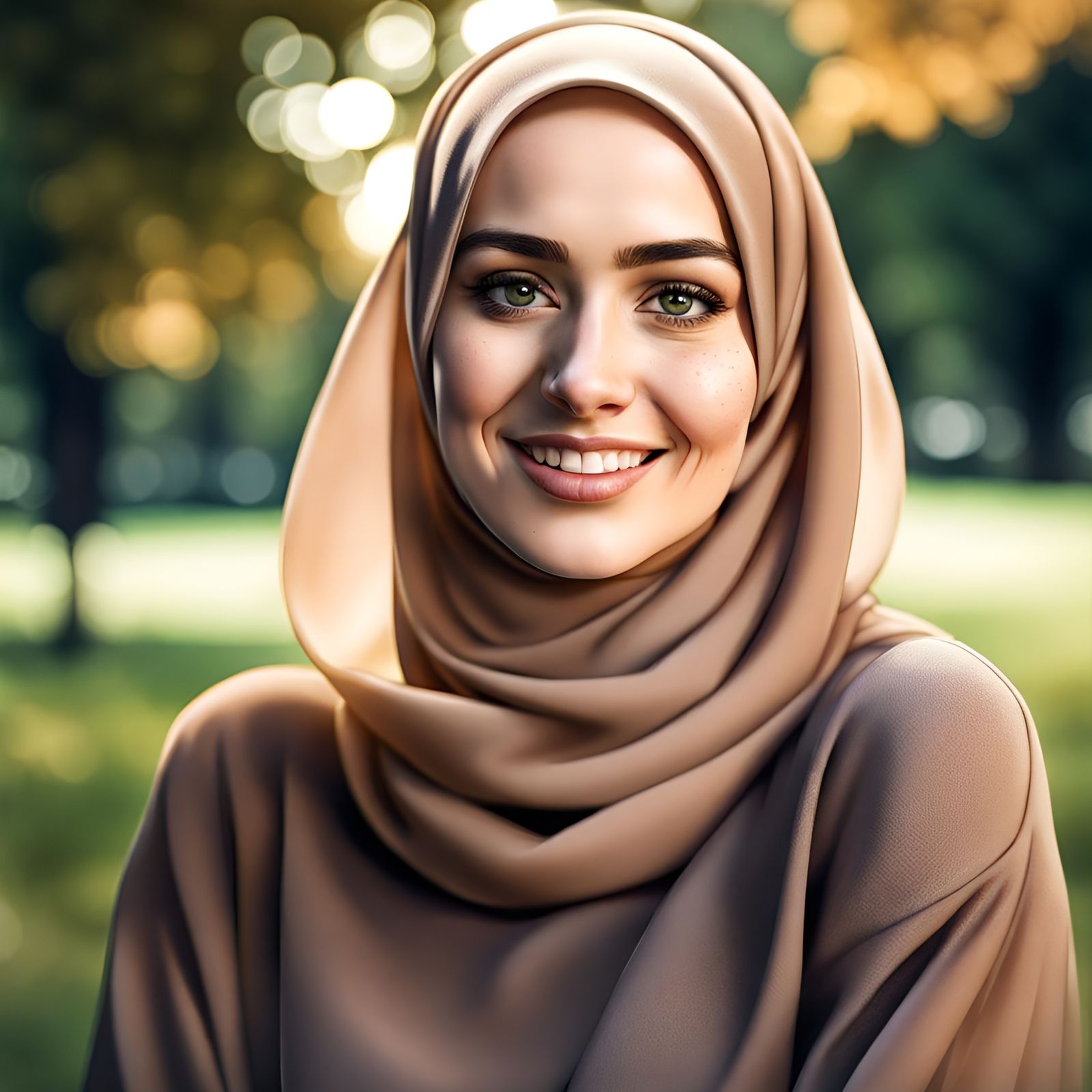 Young Woman in Hijab Smiling in Park