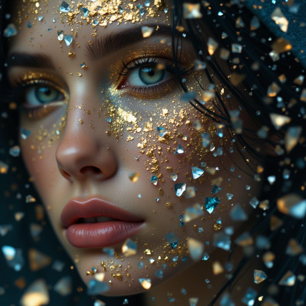 Woman's Face Dissolving into Crystal Shards and Metallic Pai...
