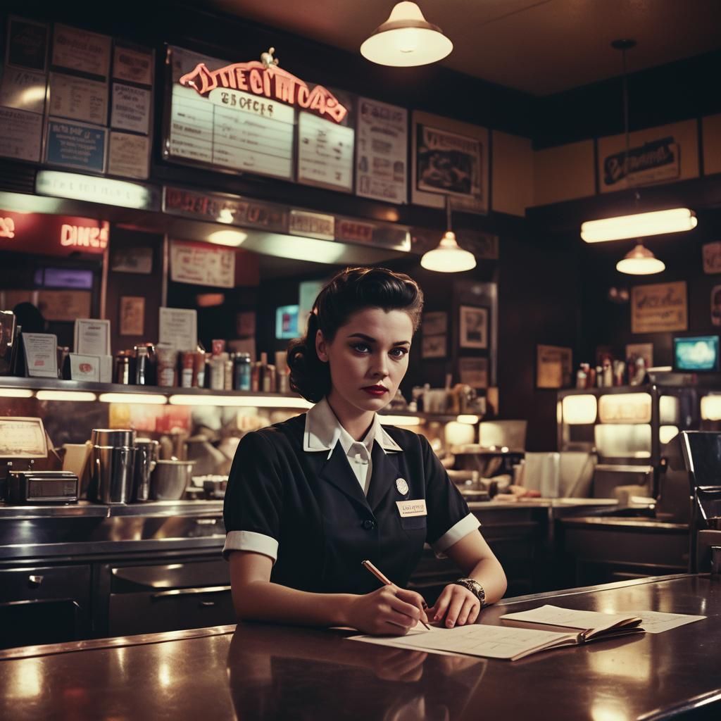 Vintage Diner Waitress in Film Noir Style