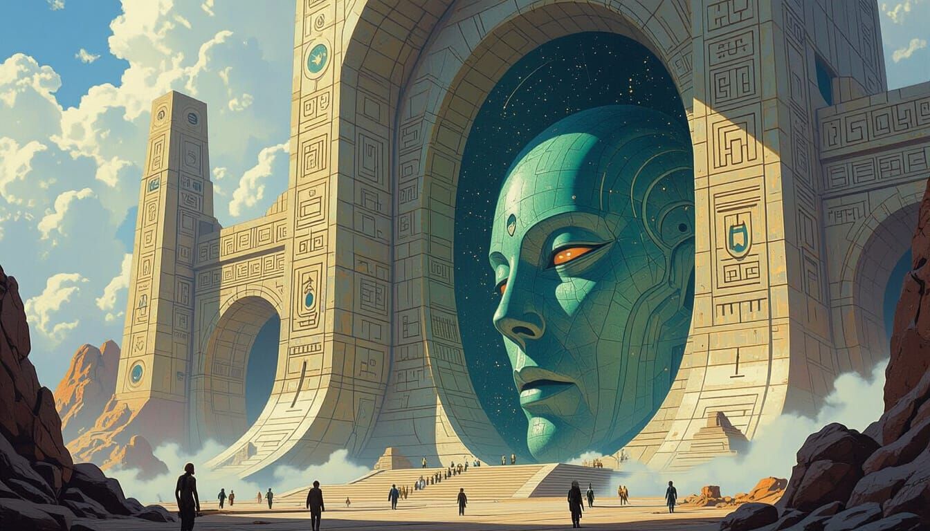 Monumental Alien Face Architecture in Surrealist Sci-Fi Styl...