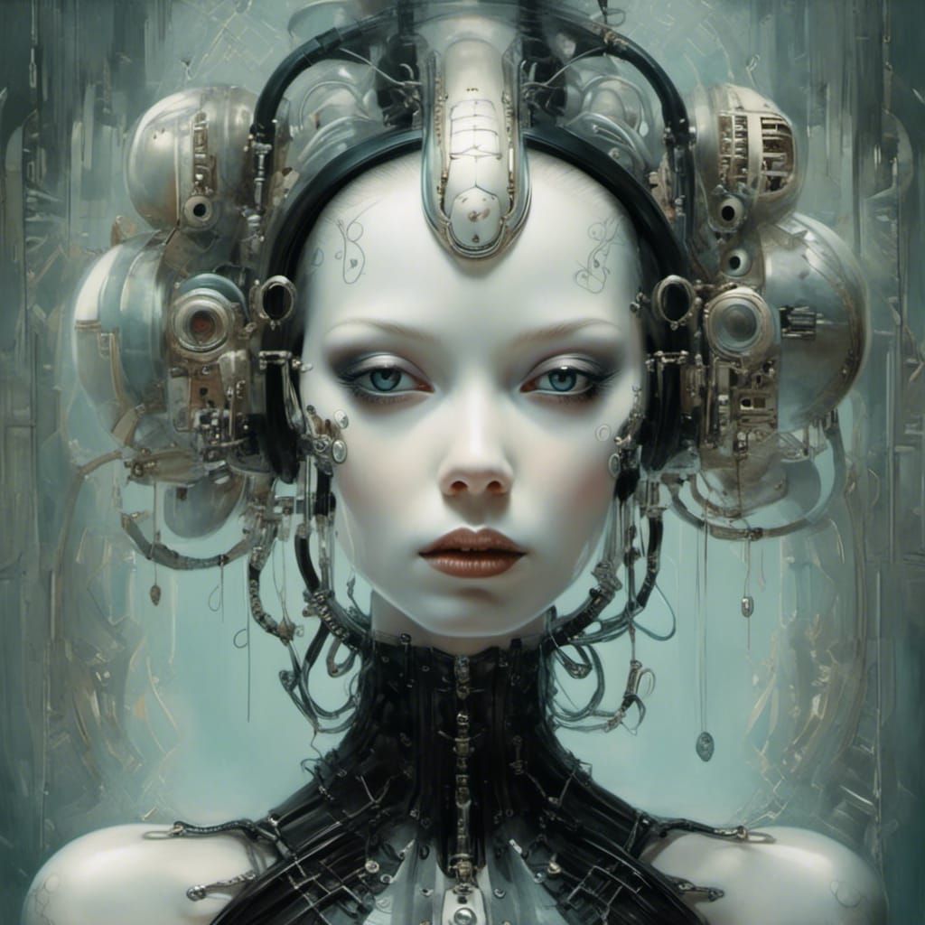 Ethereal Cyborg Female in Double Exposure Painting