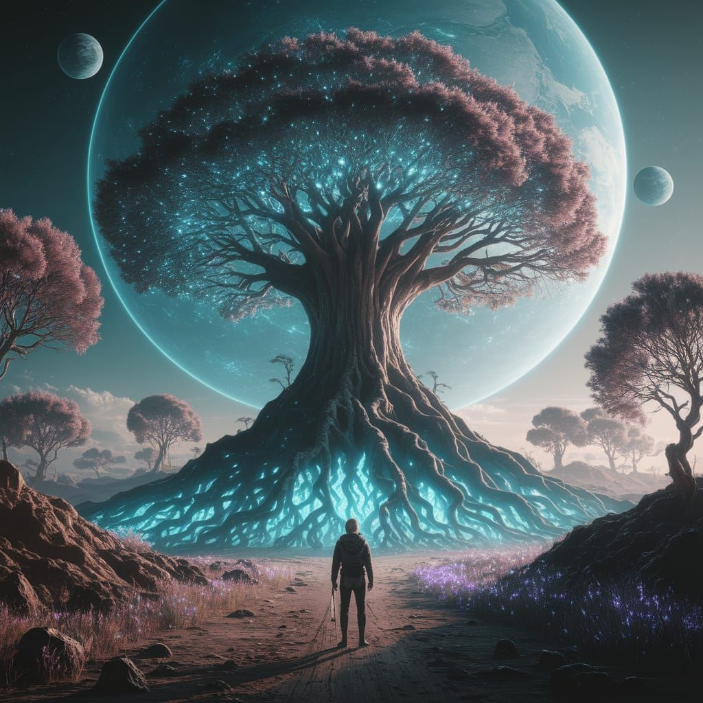Bioluminescent Tree on Alien Planet in Painterly Style
