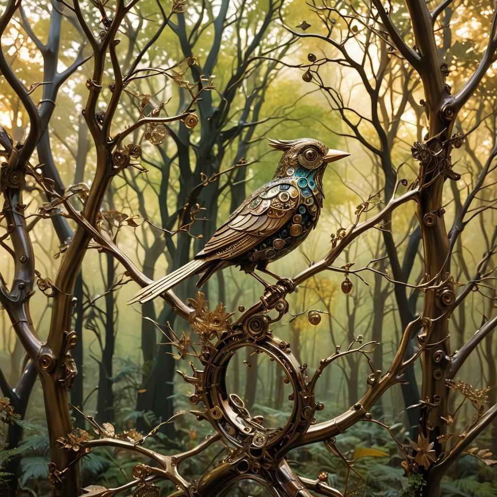 Mechanical Bird in Clockwork Forest: Hyperrealistic Art