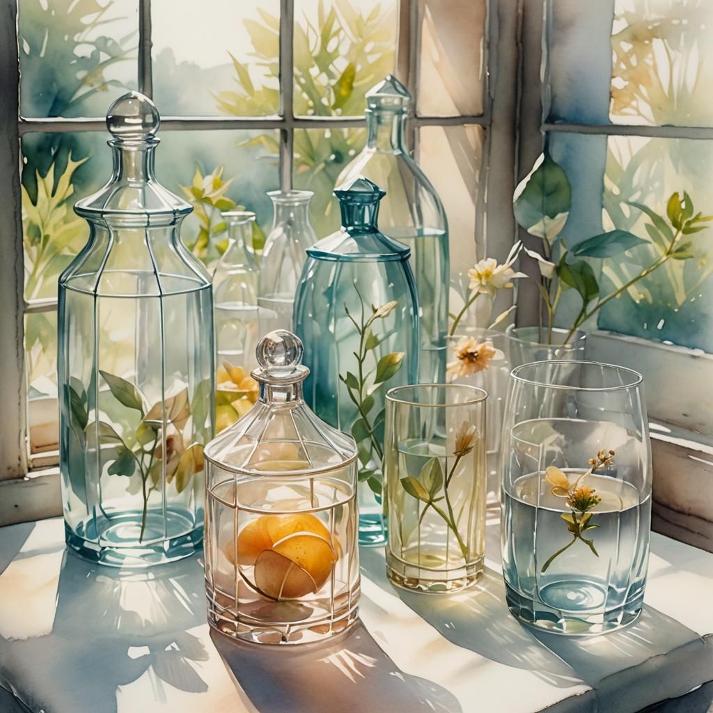 Watercolor Still Life of Delicate Glass Bottles