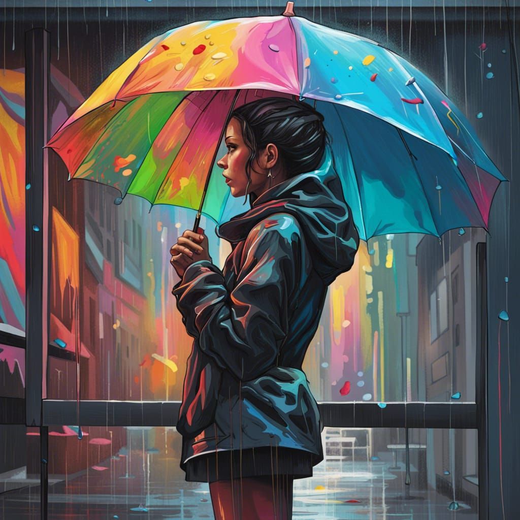 Cyborg in Rainstorm Reflection: Street Art Style