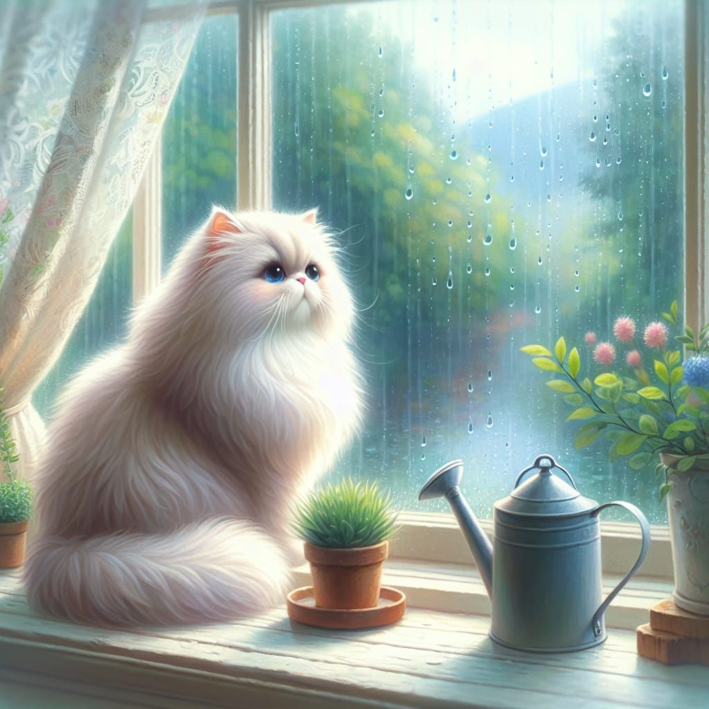 Whimsical Fantasy Cat Watches Raindrops