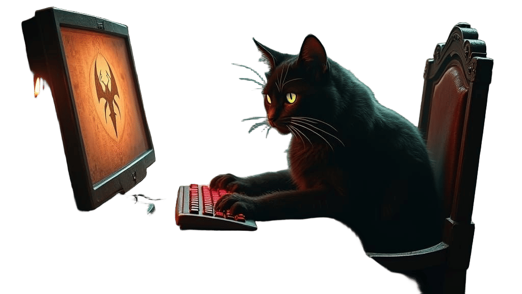 Cat Sorcerer Playing Diablo: Sinister Fantasy Art