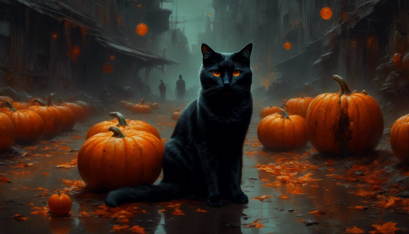 Halloween Black Cat with Pumpkins in Cyberpunk Style