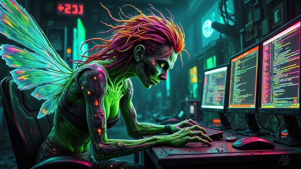 Cyberpunk Fairy Hacker in Neon Glitch Aesthetic
