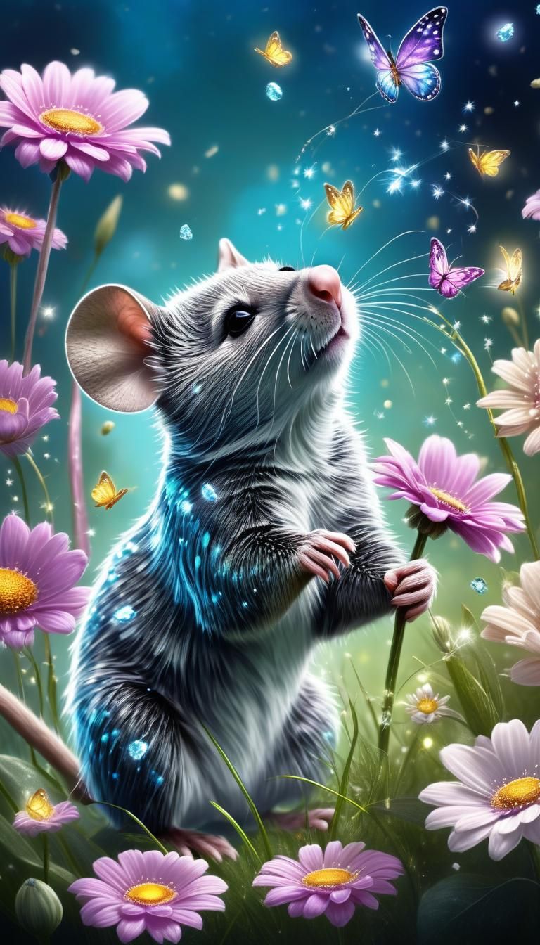 Cute Baby Mouse in Magical Glittering Meadow