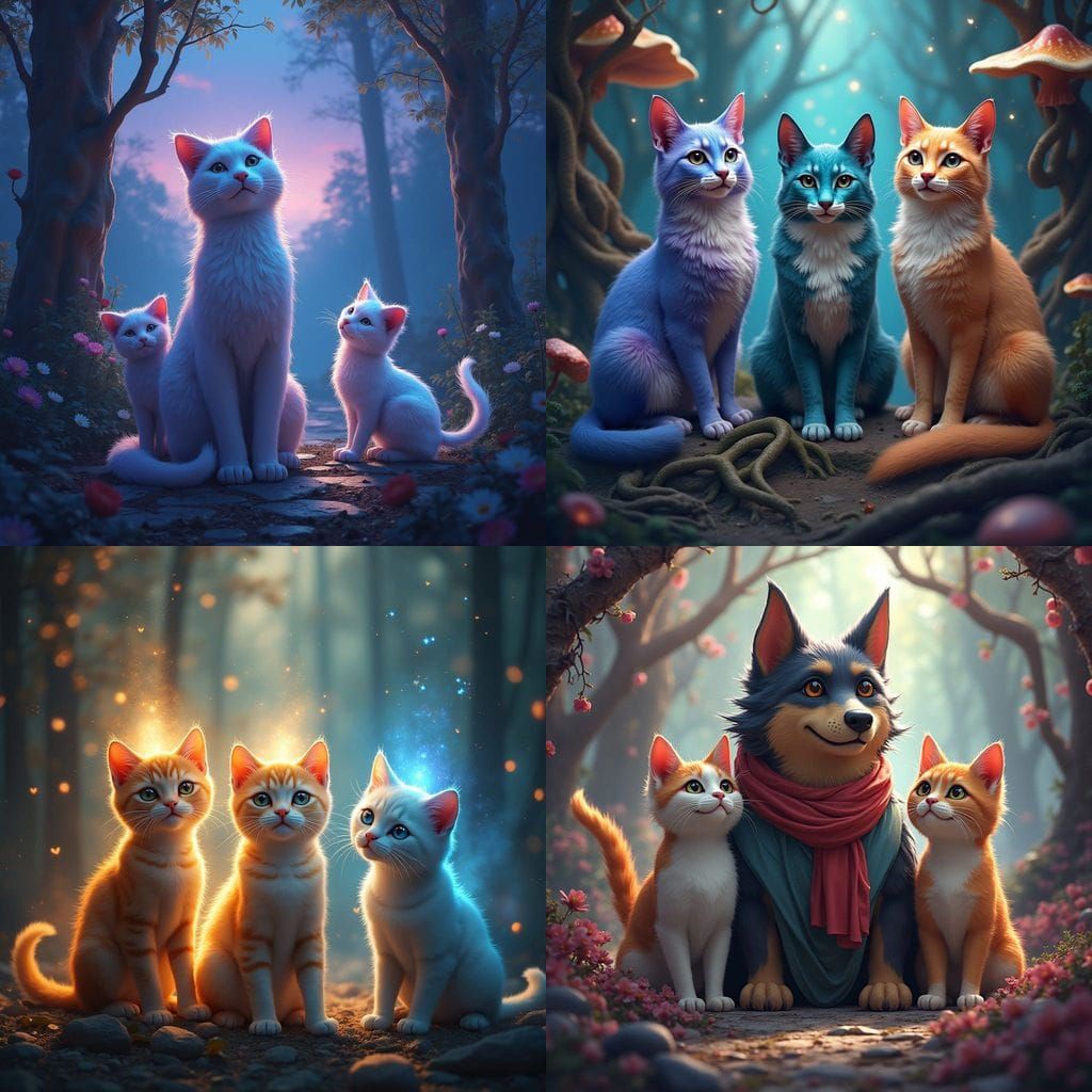 Whimsical Feline Gathering in Vibrant Fantasy Realm